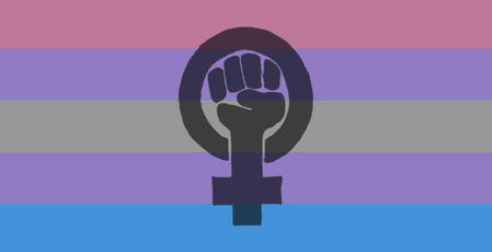 An image of 5 horizontal stripes. From top to bottom they are: pink, purple, grey, purple, blue. There is a large black symbol in the middle: a fist held up, with the bottom of it in a T, and a circle surrounding the fist.