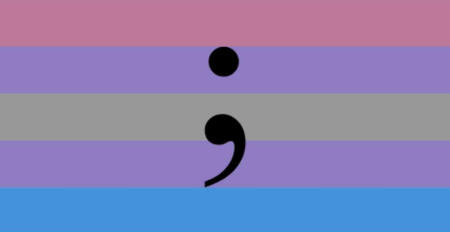 An image of 5 horizontal stripes. From top to bottom they are: pink, purple, grey, purple, blue. There is a large black symbol in the middle: a semicolon.