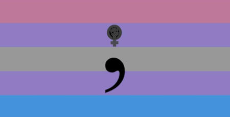 An image of 5 stripes: (from top to bottom) pink, purple, grey, purple, blue. In the middle, there is a black semicolon, with the top circle of the semicolon holding the women's power symbol.